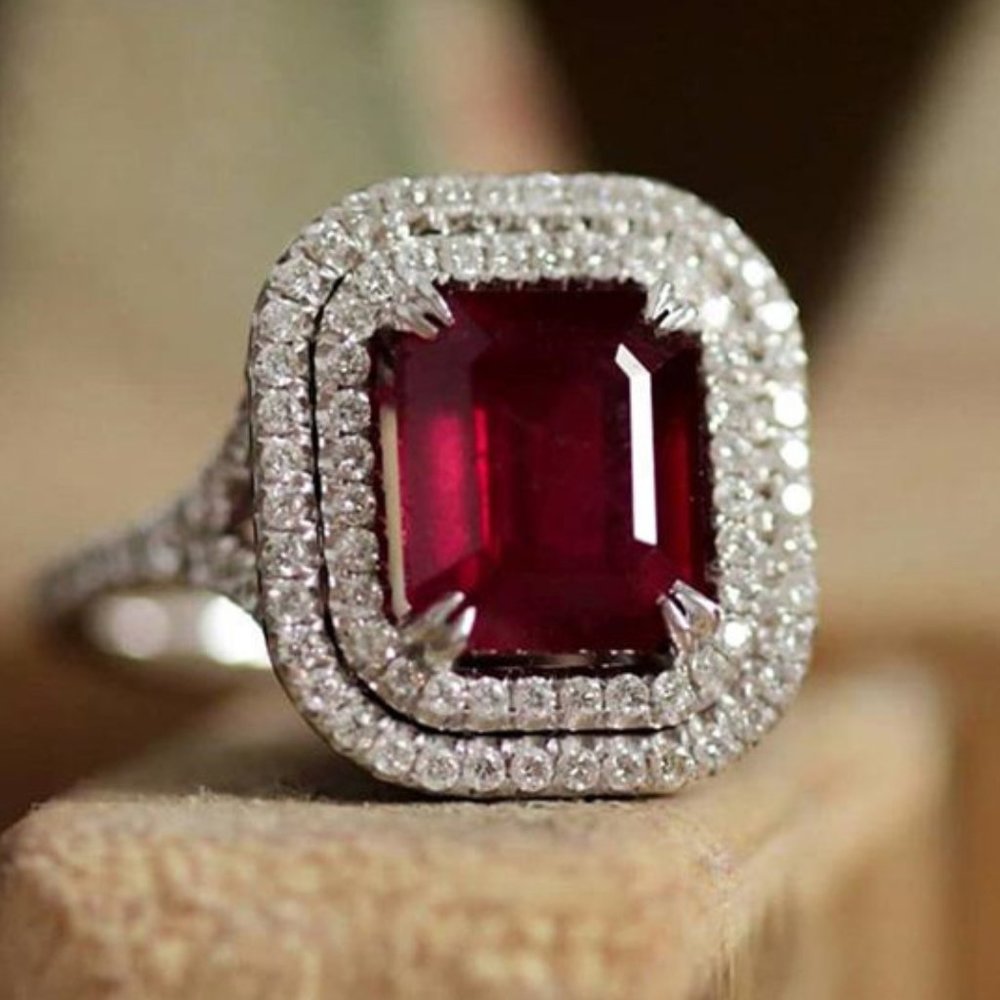 Radiant Cut CZ Ruby Gemstone 925 Silver Plated Vintage Ring for Women, L005 - Picture 2 of 3